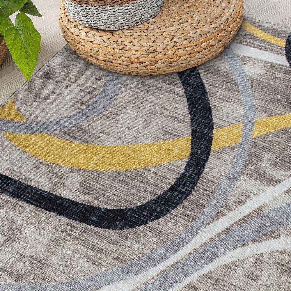 Contemporary Distressed Yellow and Gray Abstract Non-Slip Area Rug 5' x 7'