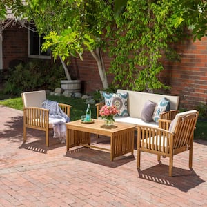 4-Piece Wood Patio Conversation Set with Beige Cushions