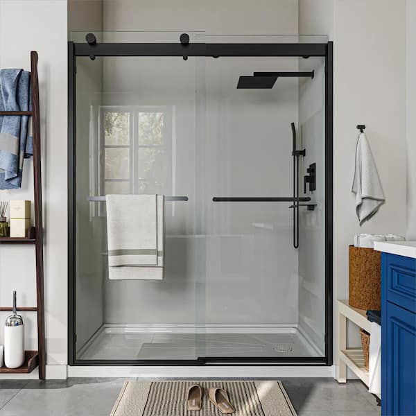 TOOLKISS 56 in. to 61 in. W x 76 in. H Sliding Framed Shower Door in Matte Black with Clear Glass