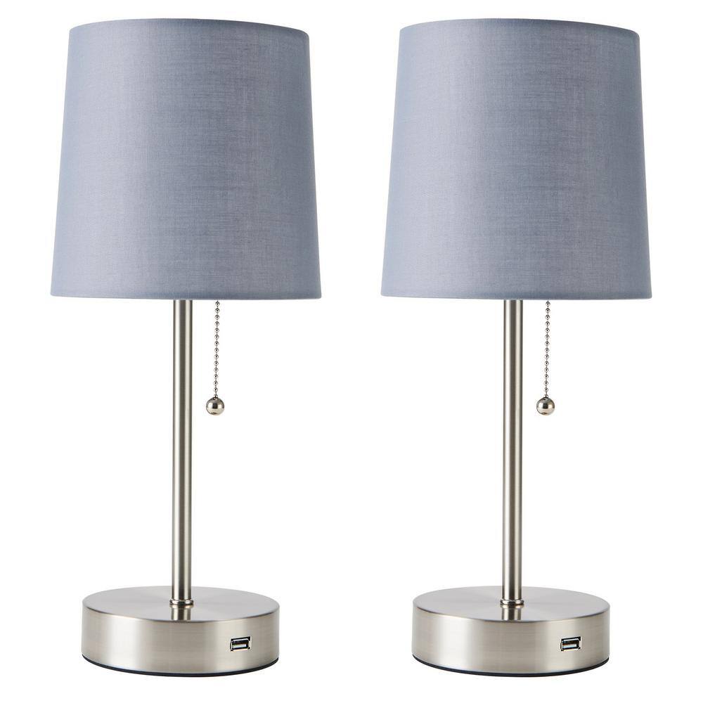 Merra 15.5 in. Brushed Nickel Table Lamps with Gray Lamp Shades and 2A ...