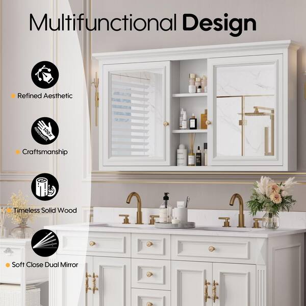 WELLFOR V1 Solid Wood 55-in x 35-in Surface Mount White Mirrored Soft Close Medicine Cabinet