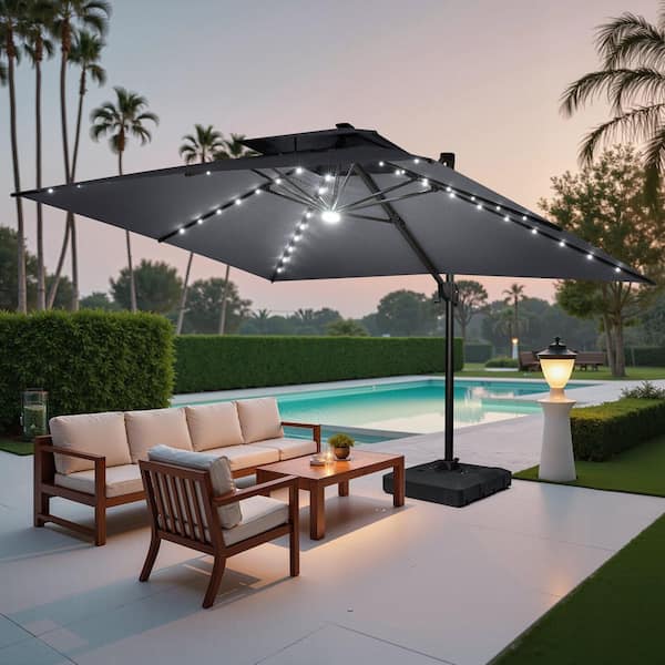 13 ft. x 10 ft. LED Lighted Patio Cantilever Umbrella with 220 lbs. Wheeled Base Aluminum Offset Umbrella in Dark Gray