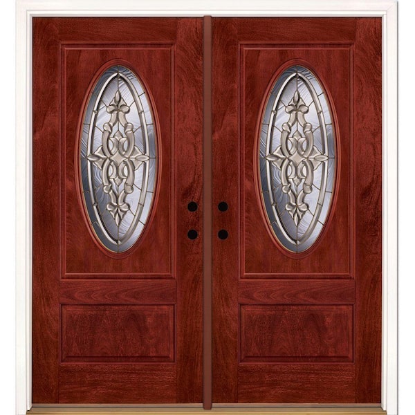Feather River Doors 74 in.x81.625 in. Silverdale Brass 3/4 Oval Lite Stained Cherry Mahogany Right-Hand Fiberglass Double Prehung Front Door