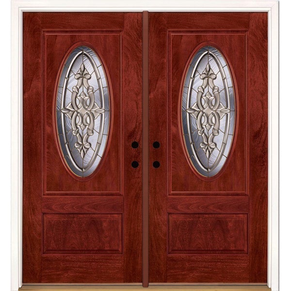 74 in.x81.625 in. Silverdale Brass 3/4 Oval Lite Stained Cherry Mahogany Right-Hand Fiberglass Double Prehung Front Door