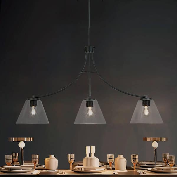 LNC 42.1 in. Modern 3-Light Black Island Chandelier Industrial Liner Hanging Ceiling Light with Bell Seeded Glass Shades