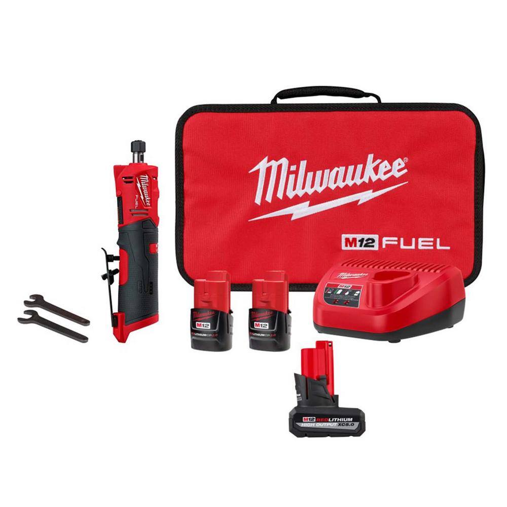 Milwaukee M12 FUEL 12V Lithium-Ion Brushless Cordless 1/4 in Straight Die Grinder Kit w/(2) 2.0Ah Batteries and (1) 5.0Ah Battery -  2486-22-48
