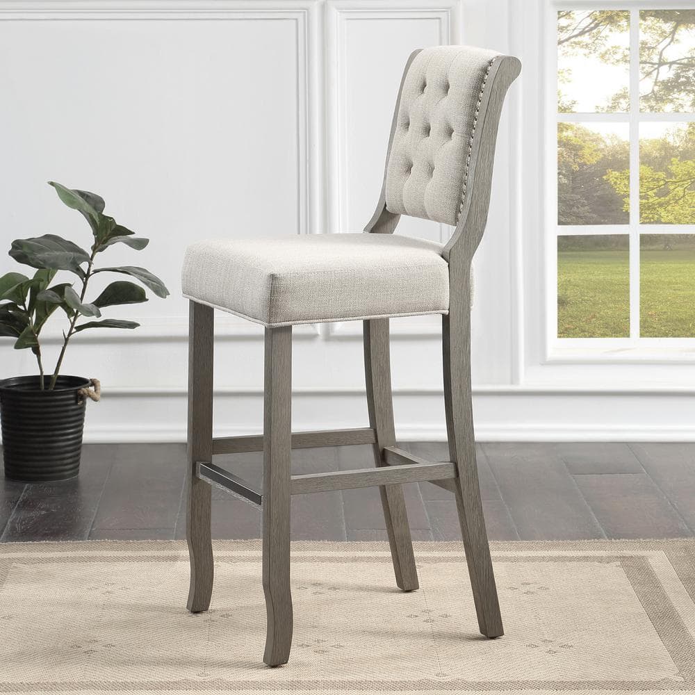Driftwood Grey Tufted Back Counter Stool with Bronze Nailhead Trim