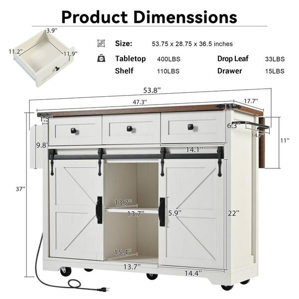 Xzkai White Wood 54 in. Kitchen Island with 5 Wheels and 3