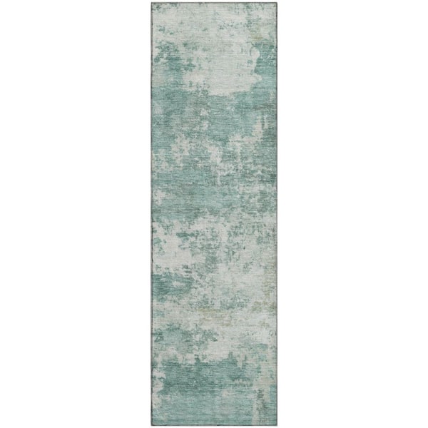 Mayfield Premium Machine Washable Abstract AMF2366 Aqua 2 ft. x 7 ft. Runner Rug