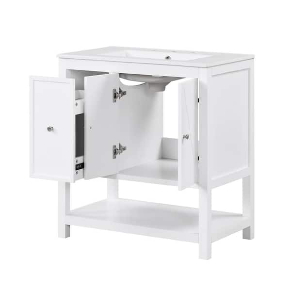 30 in. D x 18.3 in. W x 33.9 in. H White Bathroom Vanity with Door and Drawer, Solid Wood,Top with White Ceramic Basin