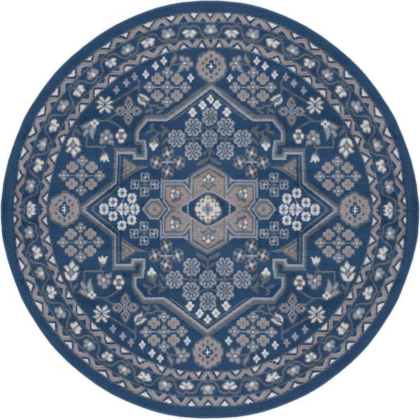 Tayse Rugs Hampton Oriental Navy 6 ft. Round Indoor Area Rug