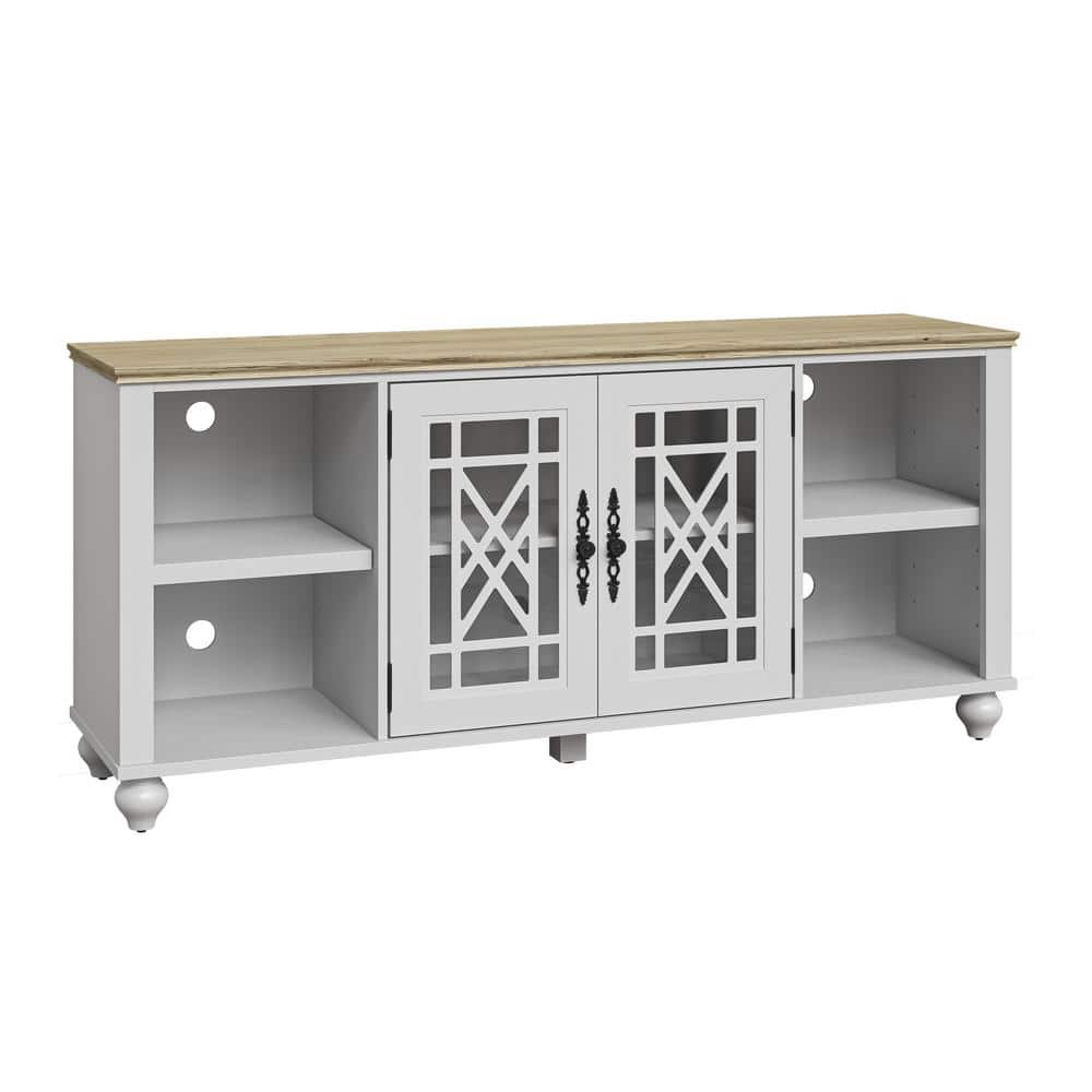 Vintage White and Oak 60" TV Stand with Carved Cabinet Doors