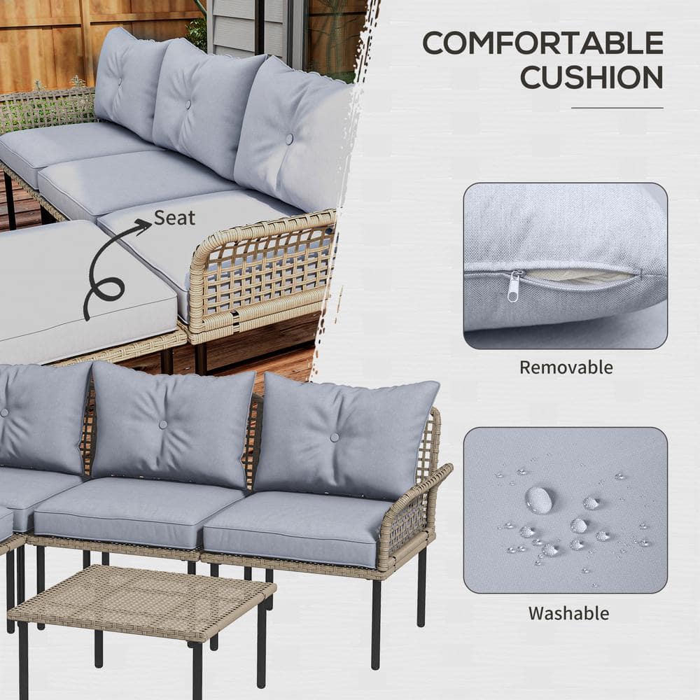 Light Gray 5-Piece Rattan Patio Furniture Set with Cushions