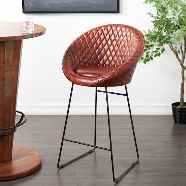 Litton Lane 42 in. Brown Leather Round Diamond Tufted Bar Stool with High Back and Black Metal Legs
