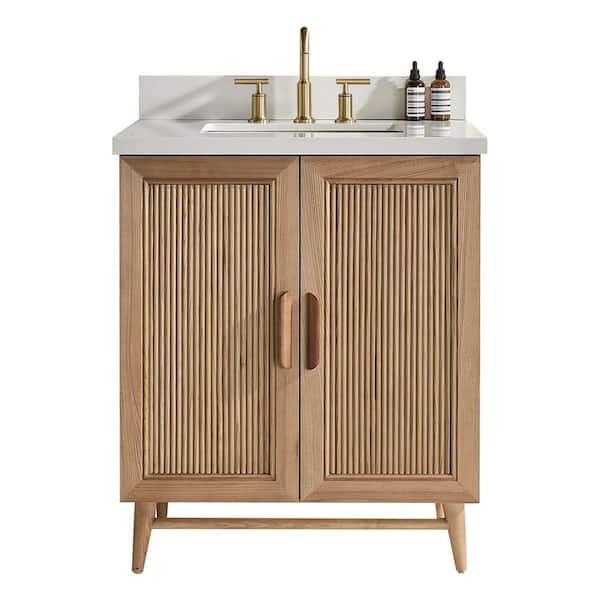 30 in. Brown Solid Wood Freestanding Bath Vanity with White Carrara Engineered Marble Top, Backsplash, Fully Assembled