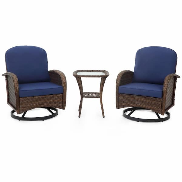 INNUMIA Brown 3-Pieces Wicker Patio Conversation Set with Cushion Guard Blue Cushion