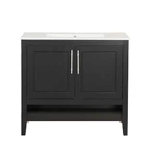 36 in. W x 18.3 in. D x 33.3 in. H Freestanding Bath Vanity in Black with White Ceramic Sink Top, Doors and Drawers