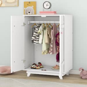 White Wood 31.5 in. 2-Door Wardrobe Armoire with Hanging Rod for Kids