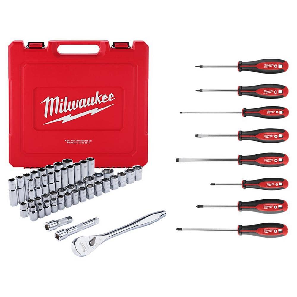 Milwaukee 1/2 in. Drive SAE/Metric Ratchet and Socket Mechanics Tool Set with Screwdriver Set (55-Piece) -  48-22-9010-2718