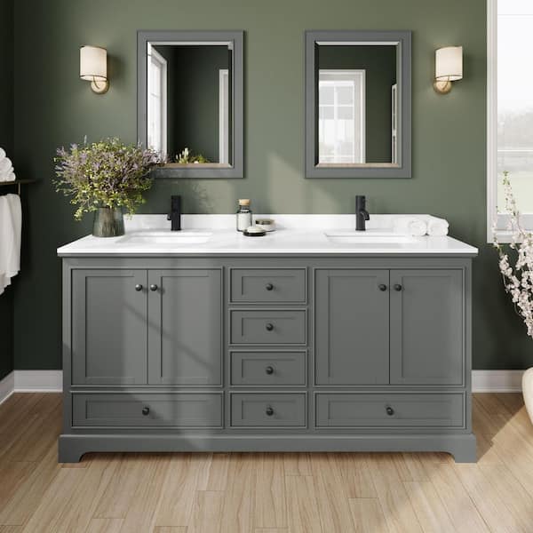 Wyndham Collection Deborah 72 in. W x 22 in. D x 35 in. H Double Bath Vanity in Dark Gray with White Cultured Marble Top and 24 in. Mirrors
