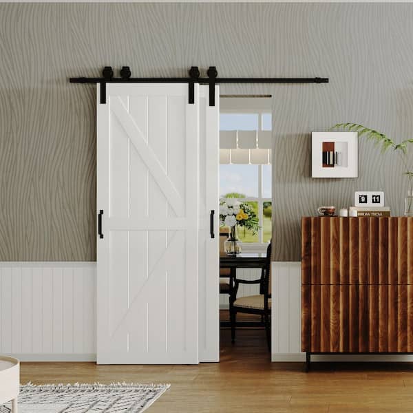 60in x 84in (Double 30"W Doors) White, Painted, Water Proof & MDF, Double K-Shaped Sliding Barn Door with Hardware Kit