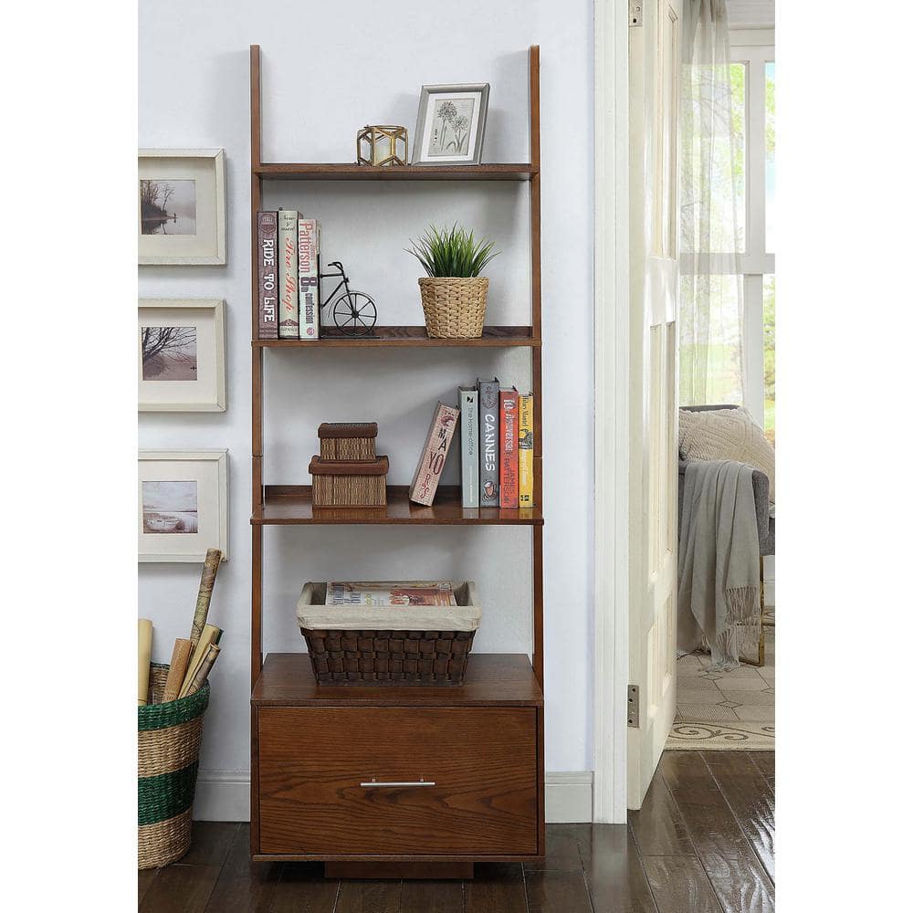 Heritage Dark Walnut Wooden Ladder Bookcase with File Storage