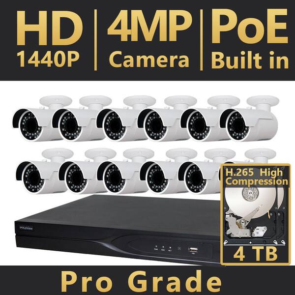 LaView 16-Channel HD 4MP IP Indoor/Outdoor Surveillance 4TB NVR 4K Output System (12) Bullet Cameras H.265 2X Recording Time