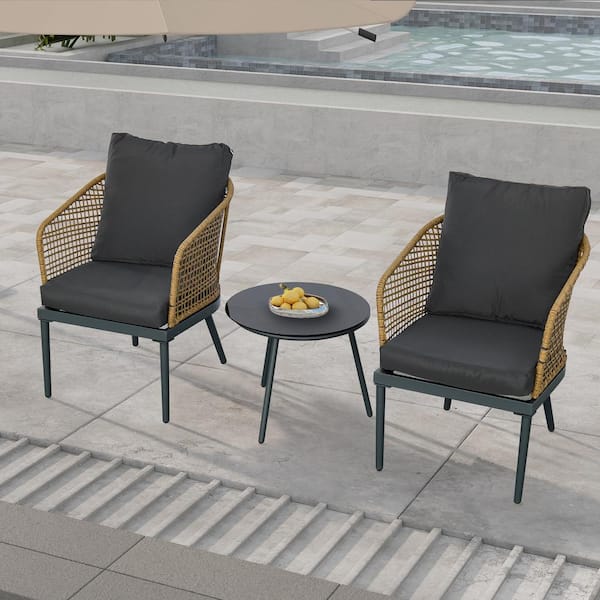 Unbranded Outdoor Wicker Patio Conversation Set, 2-Chairs with Gray Cushions and Bistro Table, 3-Piece for Balcony, Natural Color