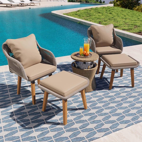 SUNRINX 5 Pieces Woven Rope with Wicker Cool Bar Table Patio Conversation Set with Khaki Cushions