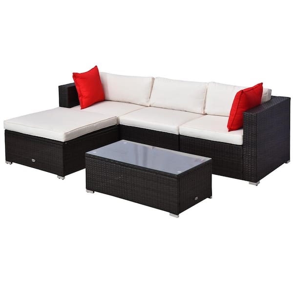 FORCLOVER 5-Piece Wicker Outdoor Patio Sectional Set with White ...