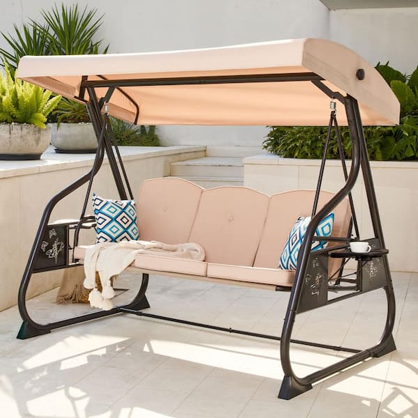 76.5 in. 3-Person Khaki Metal Patio Swing with Adjustable Canopy and 2 Side Tables