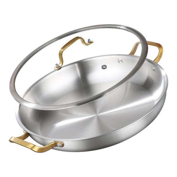 14 in. Tri-Ply Stainless Steel Paella Pan with Lid, Induction and Oven Safe Large Everyday Skillet Pan