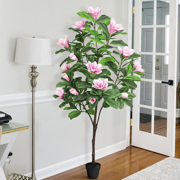 6 ft. Real Touch Pink Artificial Magnolia Flower Tree in Black Pot
