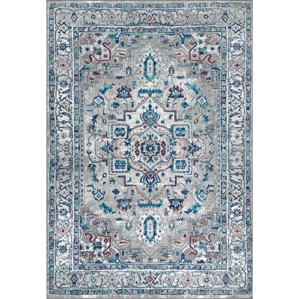 Modern Persian Medallion Light Grey/Blue Synthetic Area Rug