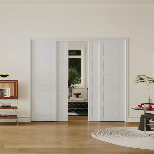 96 in. x 80 in. 5-Panel MDF Solid Core White PVC Covering Pre-Assembled Double Panel Sliding Door with All Hardware
