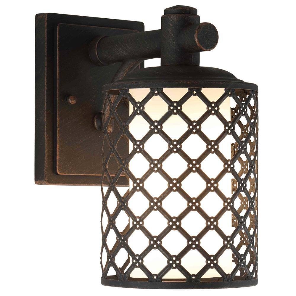 1-Light Aged Bronze Outdoor Wall Lantern Sconce with Opal Glass Shade