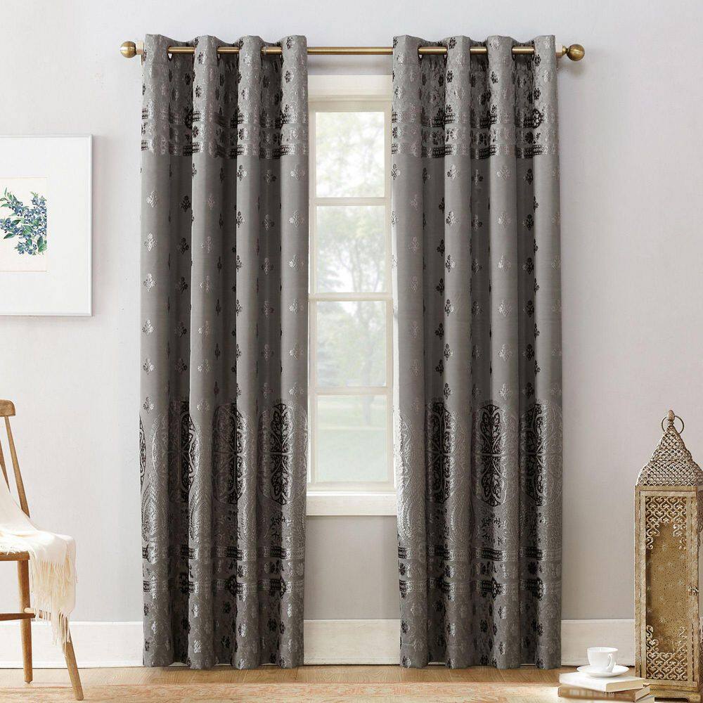 Gray Velvet Medallion Blackout Grommet Curtain Panel