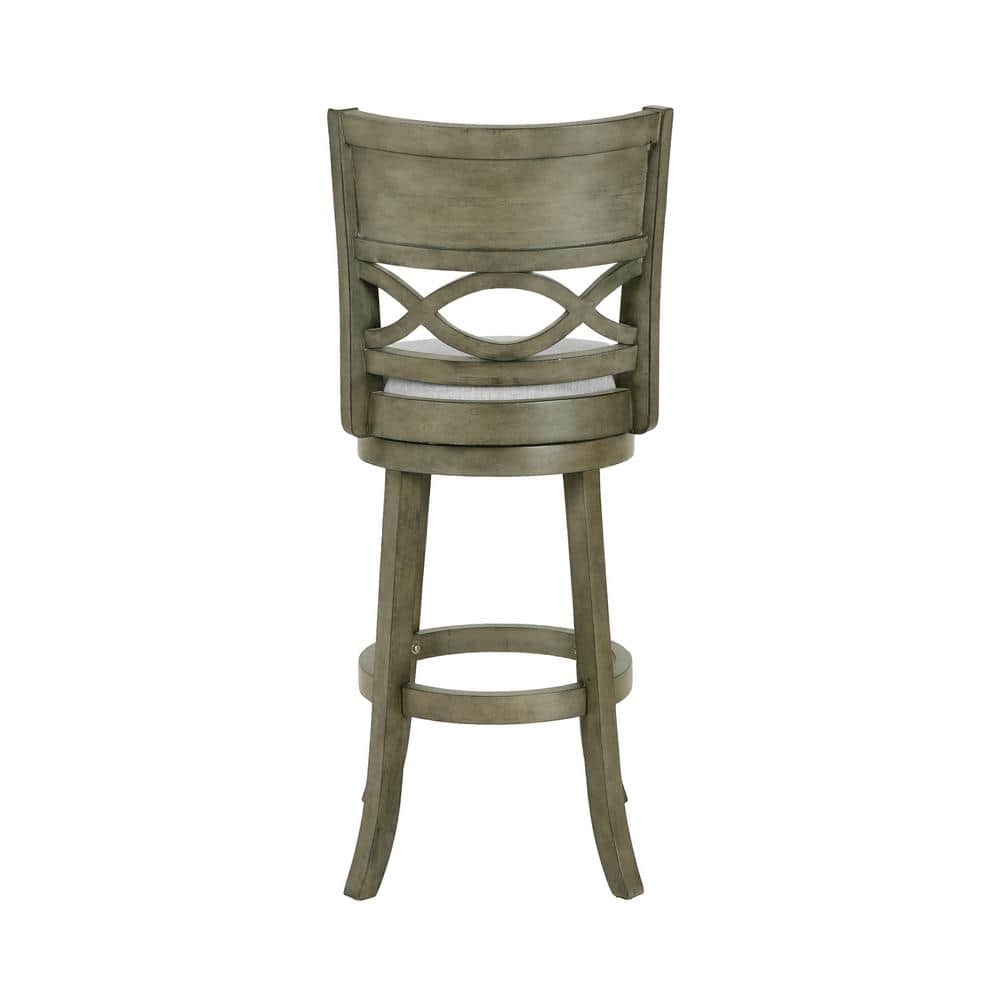 Transitional Gray Swivel Bar Stool in Solid Wood with Carved Back
