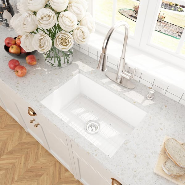 CASAINC All-in-one Glossy White Fireclay 27 in. Single Bowl Undermount Kitchen Sink with Infrared Sensor Faucet and Accessories