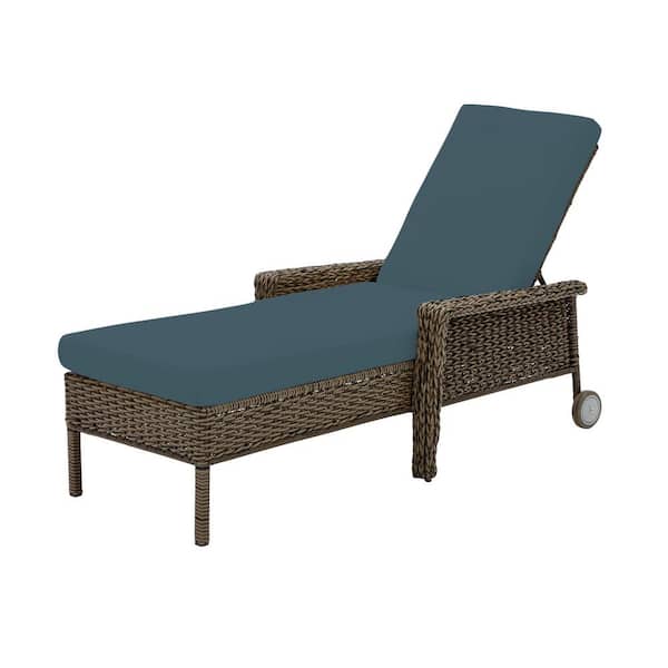Hampton Bay Laguna Point Brown Wicker Outdoor Patio Chaise Lounge with Sunbrella Denim Blue Cushions