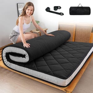 Japanese Floor Mattress 4 in, Polyester Fill Tatami Mat Sleeping Pad Foldable Roll Up Mattress, Queen, Beige