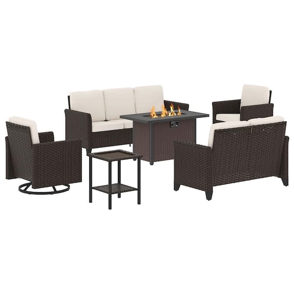 6-Piece Brown Wicker Outdoor Fire Pit Conversation Set with Beige Cushions and Swivel Rocker Patio Chairs