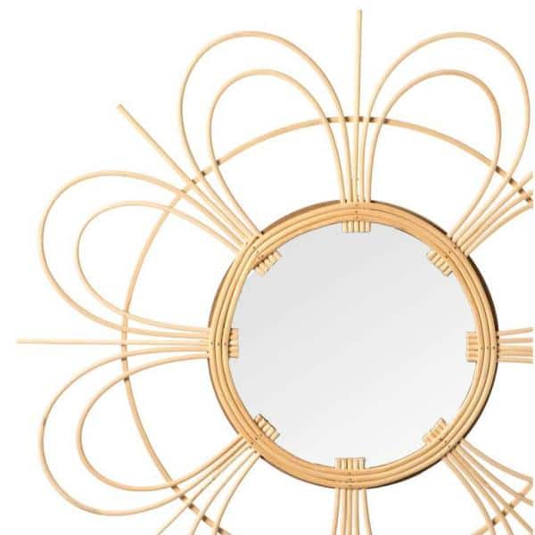 Flower Shape Woven Rattan Wood Round Sunburst Wall Mirror