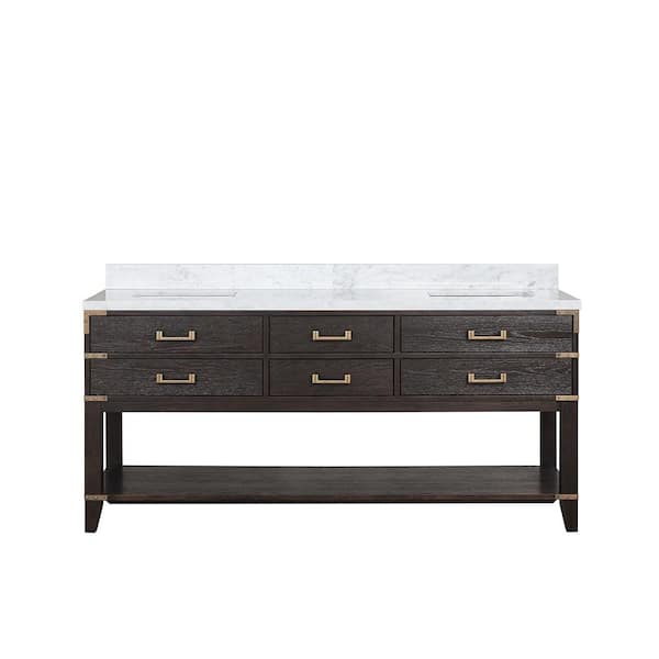 Irvington 72 in W x 22 in D Brown Oak Double Bath Vanity and Carrara Marble Top