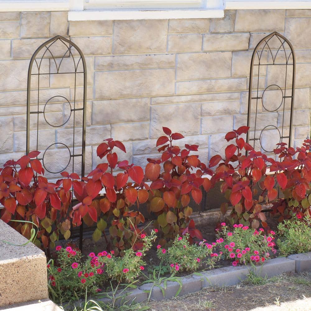 Black Steel Arched Garden Trellis with Flowerpot Supports, Set of 2