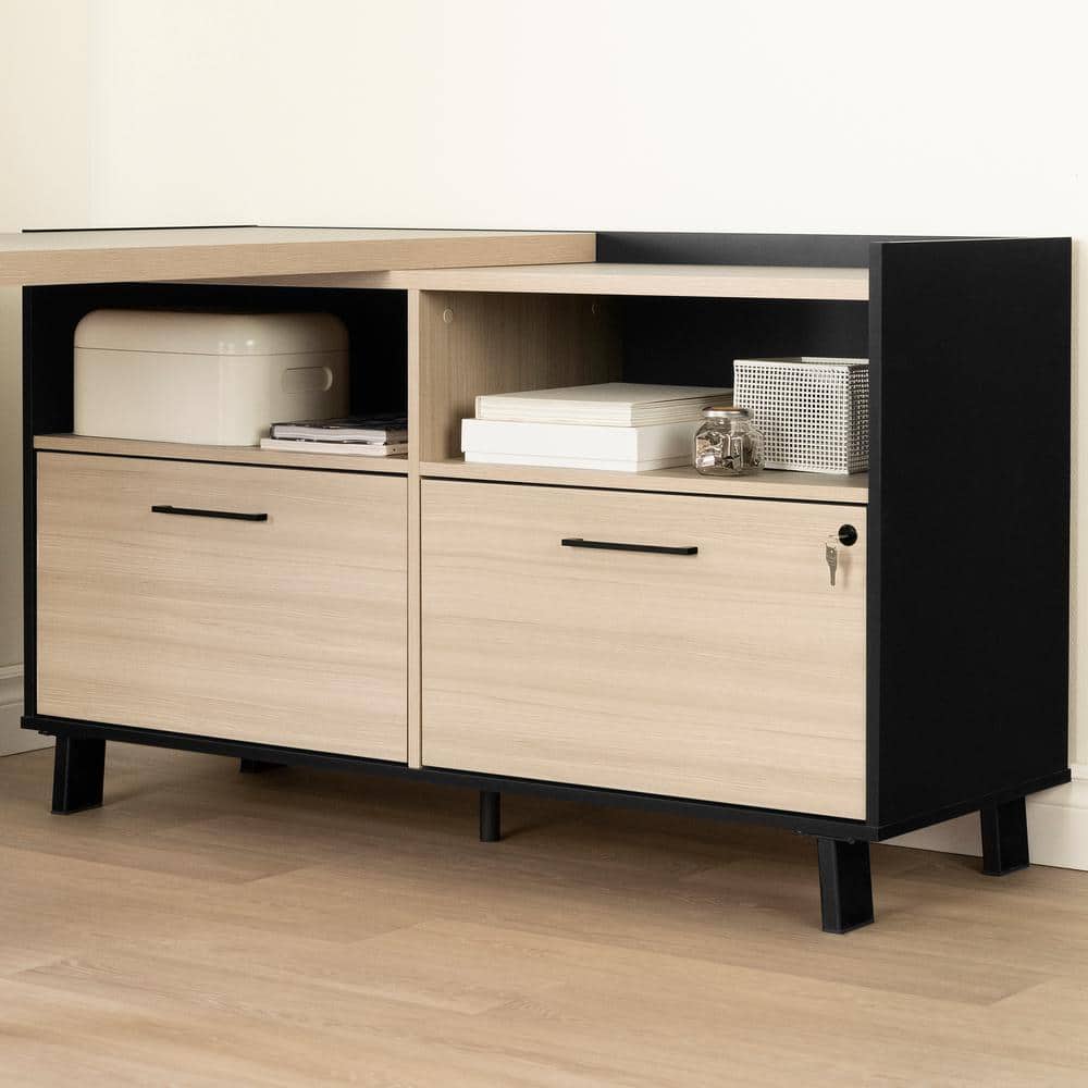 Soft Elm and Matte Black L-Shaped Computer Desk with Power Outlet