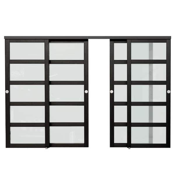 144in x 80in, MDF, PVC Covering, Solid Core, Black Double Slide 5 Lite, Frosted Glass Sliding Door with All Hardware