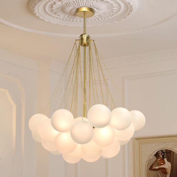 HUOKU Alma 32 in. W 3-Light Gold Cluster Globe Bubble Ball Chandelier with Frosted Glass Shade for Kid's Room Living Room