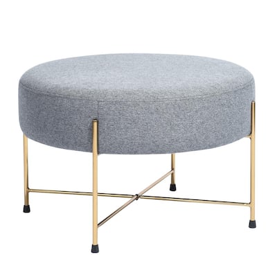 Stylish Gray Fabric Upholstered Round Top Ottoman with Golden Legs
