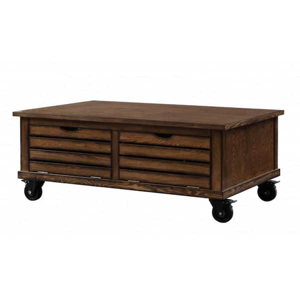 HomeRoots Mariana 48 in. Oak Finish Rectangle Wood Coffee Table with Storage, and Wheels